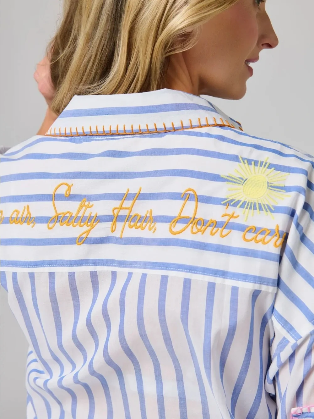 Shiraleah Blue & White Striped beach Shirt Dress with Embroidery large